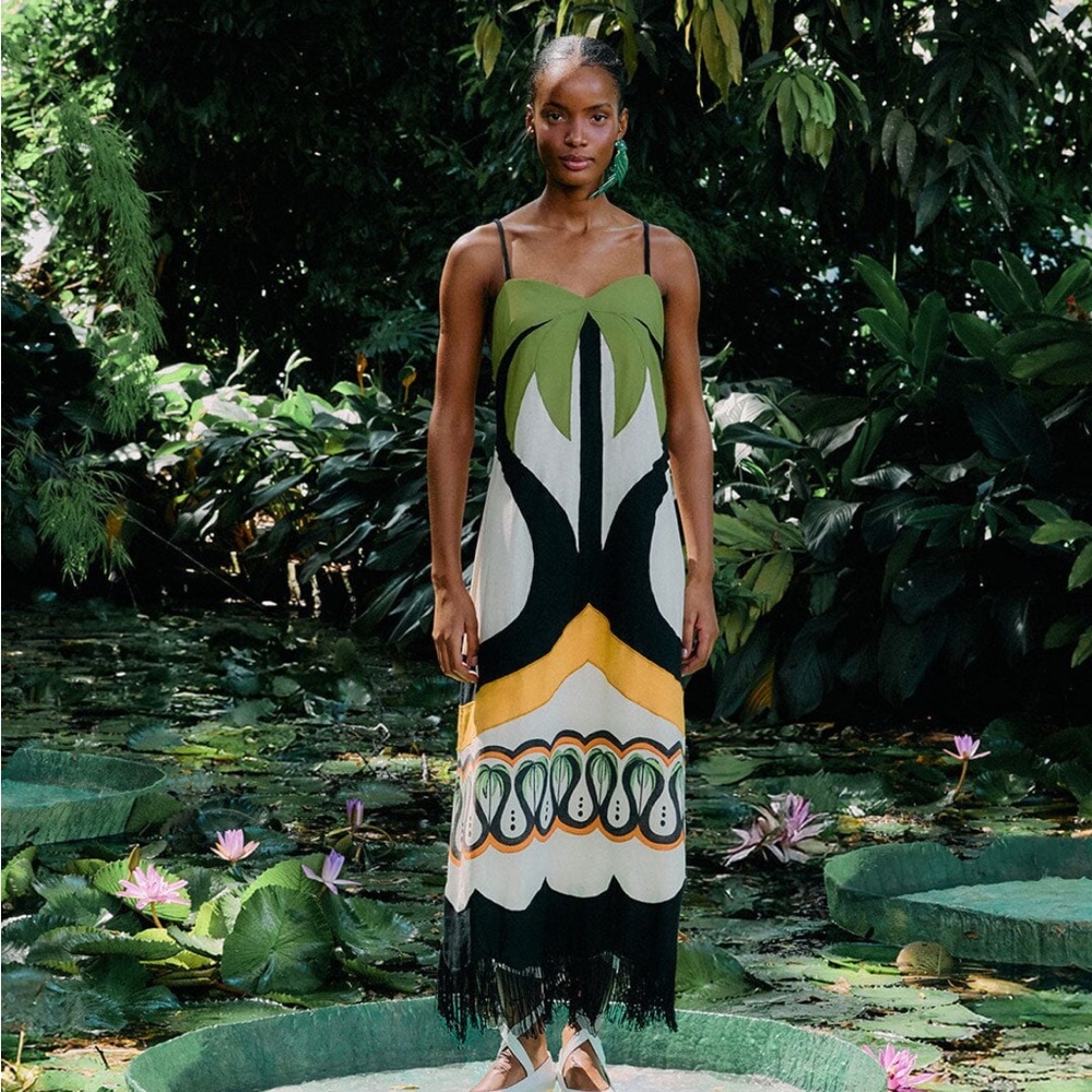 Farm RIO Off-White Coconut Tree Flow Lenzing™ Ecovero™ Euroflax™ Dress XS NWT